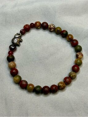 Multicolor Jasper Beaded Stretch Bracelet with Silver Elephant Charm